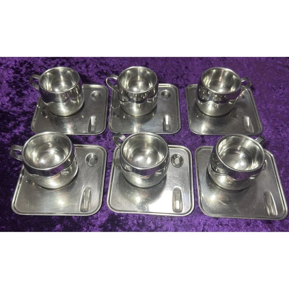 Tramontina Espresso Set Cups Plates 12pc Inox Stainless Steel Double Wall